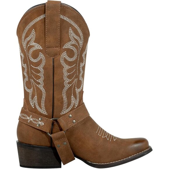 J's.o.l.e Women Brown Western Cowboy Boot Square Toe With Removable Buckle Strap - Picture 8 of 9